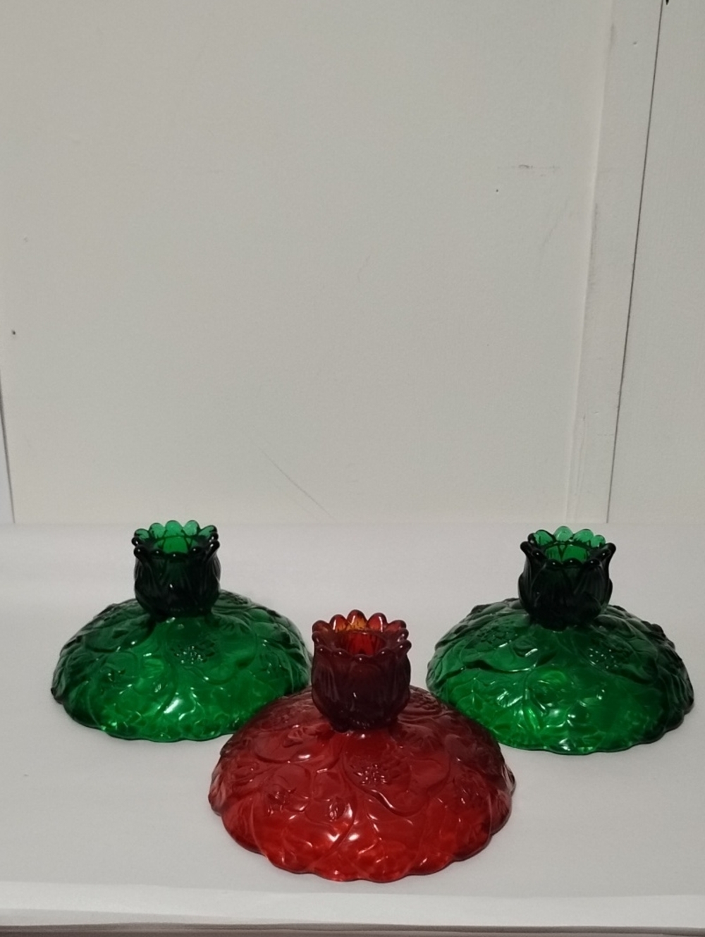 Vintage FENTON Glass Water Lily Candle Holders Set in Green and Red (3)